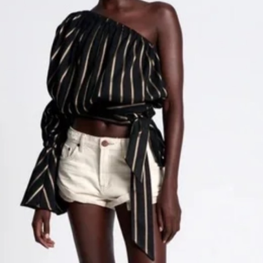 One Teaspoon Woman Tuxedo Stripe Top Black Gold Cropped One Shoulder Size XS